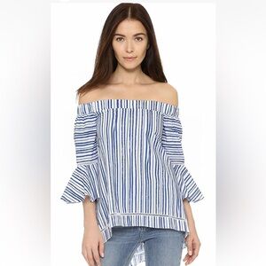 NICHOLAS Off-Shoulder Blue and White Striped Blouse
